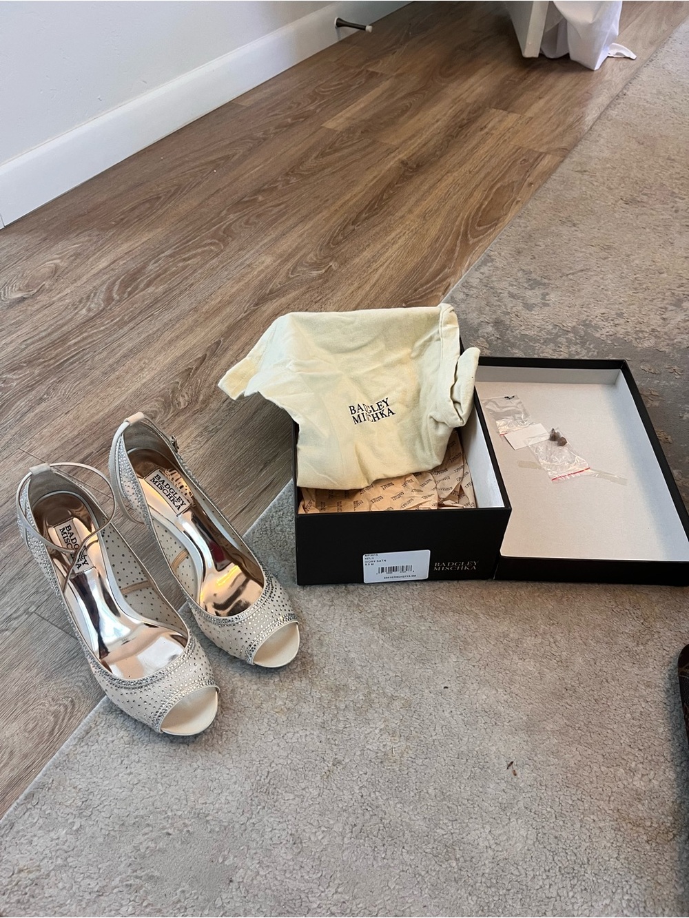 Badgley Mischka Ivory Crystal Peep-Toe Slingback Heels with Rhinestones